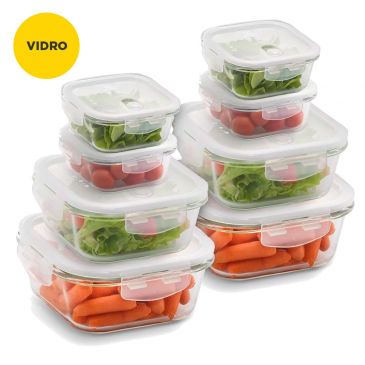 Cupom de desconto - R$ 70 OFF em Conjunto de Potes Herméticos de Vidro 8 peças